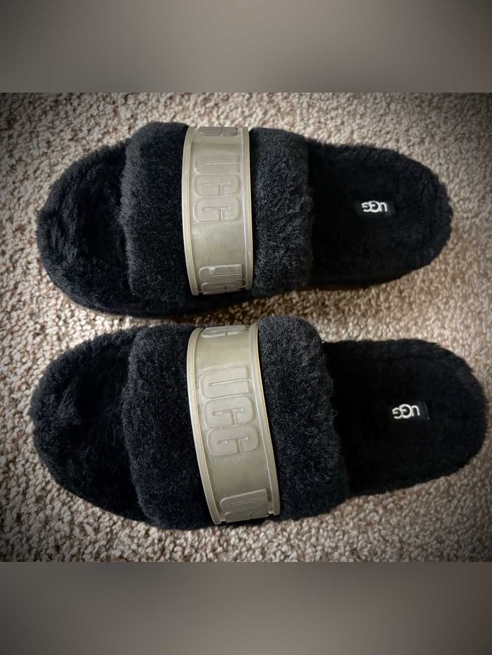 Ugg fluffita clear black faux fur platform slippers